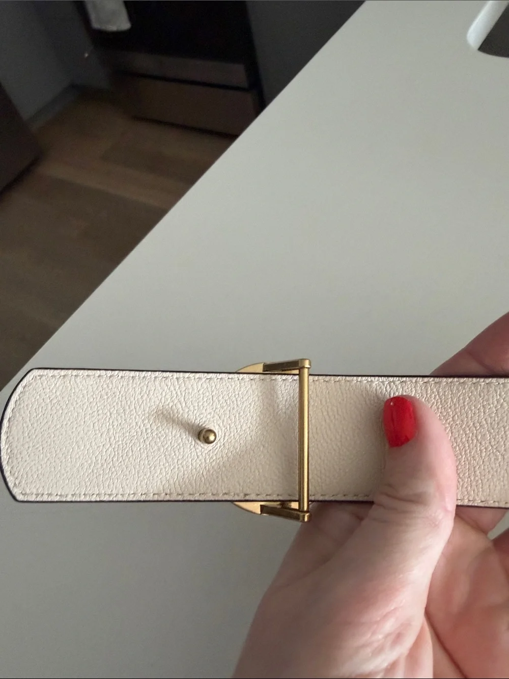 Tory Burch Cream Quilted Leather Belt with Gold Logo Buckle